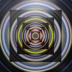 Contemporary geometric abstract acrylic painting on canvas with concentric circles and nested squares by artist Ghanshyam Gupta.