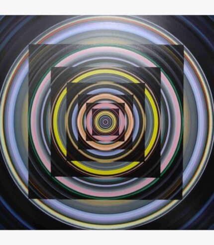 Contemporary geometric abstract acrylic painting on canvas with concentric circles and nested squares by artist Ghanshyam Gupta.