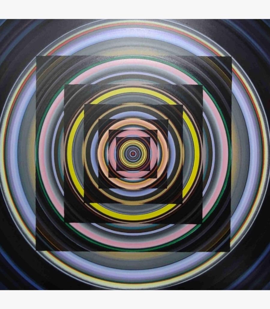 1 Contemporary geometric abstract acrylic painting on canvas with concentric circles and nested squares by artist Ghanshyam Gupta.