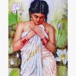 Traditional Indian figurative watercolor painting of a woman draped in a white saree surrounded by blooming lotus flowers by artist Kamalendu Debnath.