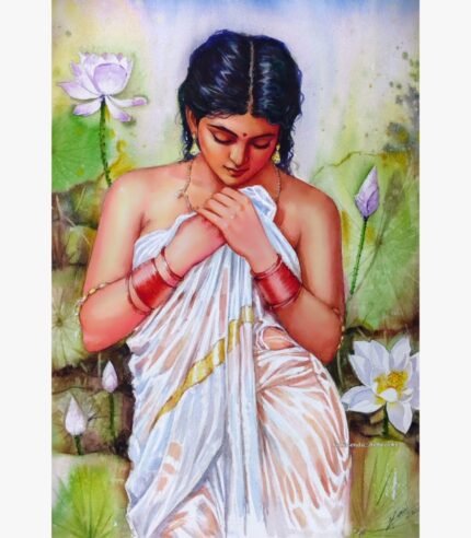 Traditional Indian figurative watercolor painting of a woman draped in a white saree surrounded by blooming lotus flowers by artist Kamalendu Debnath.