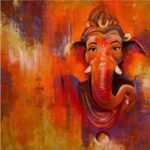 Contemporary acrylic painting on canvas of Lord Ganesha in vibrant orange, red, and purple textured hues by artist Aniruddh.