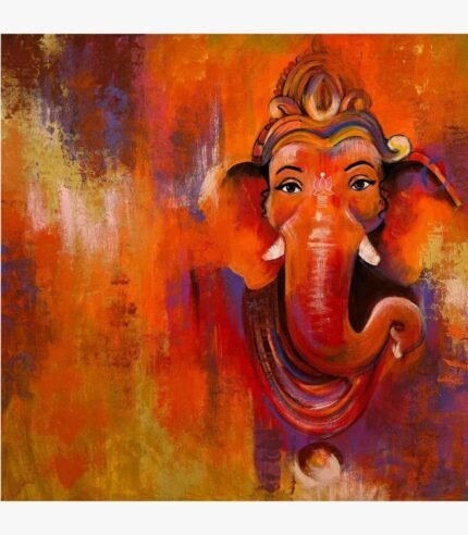 Contemporary acrylic painting on canvas of Lord Ganesha in vibrant orange, red, and purple textured hues by artist Aniruddh.
