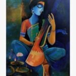 Contemporary acrylic painting on canvas of blue-complexioned Meera Bai playing a wooden tanpura beside a peacock and lotus pond by artist Aniruddh.
