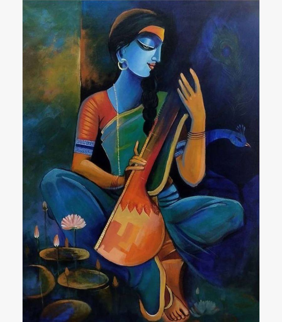 Contemporary acrylic painting on canvas of blue-complexioned Meera Bai playing a wooden tanpura beside a peacock and lotus pond by artist Aniruddh.
