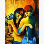 Contemporary acrylic painting on canvas depicting Radha and Krishna under a golden forest canopy with a blue bird perching on Radha's hand by artist Aniruddh.