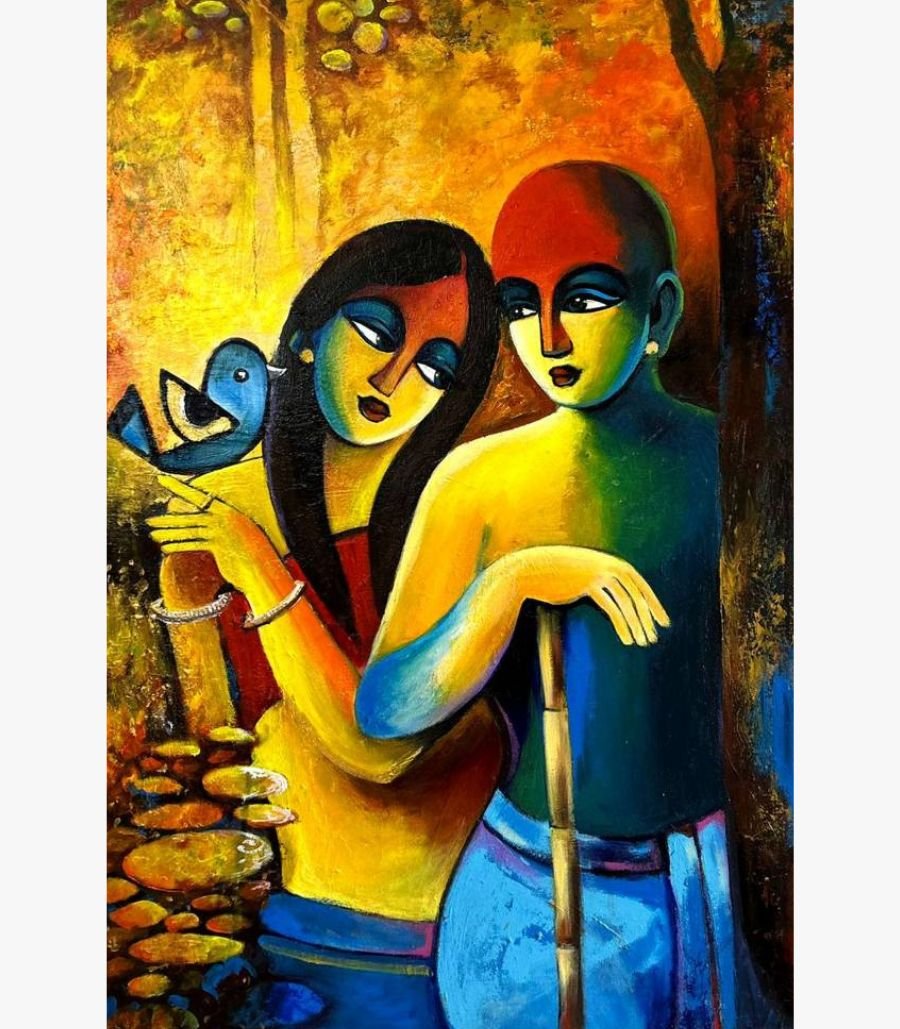 13 Contemporary acrylic painting on canvas depicting Radha and Krishna under a golden forest canopy with a blue bird perching on Radha's hand by artist Aniruddh.