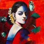 Contemporary acrylic painting on canvas of a fair-complexioned Indian woman with gajra flowers and a pearl nose ring against a crimson red lotus background by artist Aniruddh.