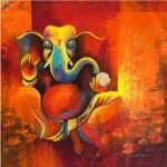 Contemporary acrylic painting on canvas of seated Lord Ganesha holding a modak sweet with abhaya mudra blessing posture and mooshak mouse by artist Aniruddh.