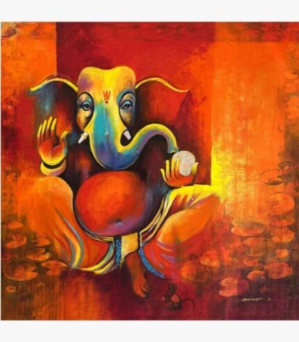 Contemporary acrylic painting on canvas of seated Lord Ganesha holding a modak sweet with abhaya mudra blessing posture and mooshak mouse by artist Aniruddh.