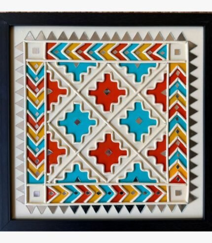 Modern colorful square Lippan art wall hanging featuring clay relief geometric patterns, turquoise, orange, and yellow accents with glass mirror inlays framed in black by Rucha Desai.