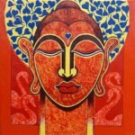 Modern abstract acrylic painting of Buddha in deep meditation with a blue leaf halo and swan motifs on a crimson orange background by Ramana Peram.