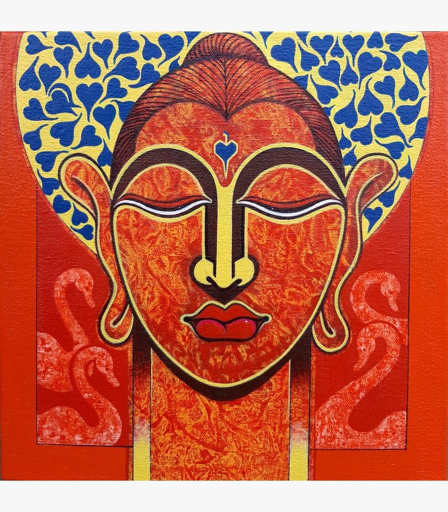 2 Modern abstract acrylic painting of Buddha in deep meditation with a blue leaf halo and swan motifs on a crimson orange background by Ramana Peram.