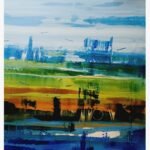 Abstract landscape acrylic painting on canvas with layered blue, green, and ochre palette knife strokes by artist Ashish Karnik.