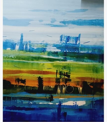 Abstract landscape acrylic painting on canvas with layered blue, green, and ochre palette knife strokes by artist Ashish Karnik.
