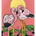 Handcrafted mixed media canvas painting of two pink flamingos standing in a lotus pond under a golden full sun by artist Pooja Sharma.