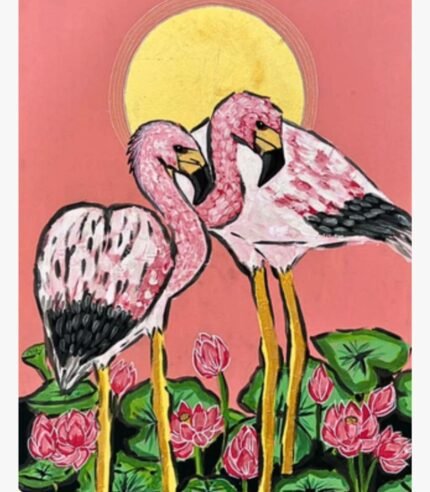 Handcrafted mixed media canvas painting of two pink flamingos standing in a lotus pond under a golden full sun by artist Pooja Sharma.