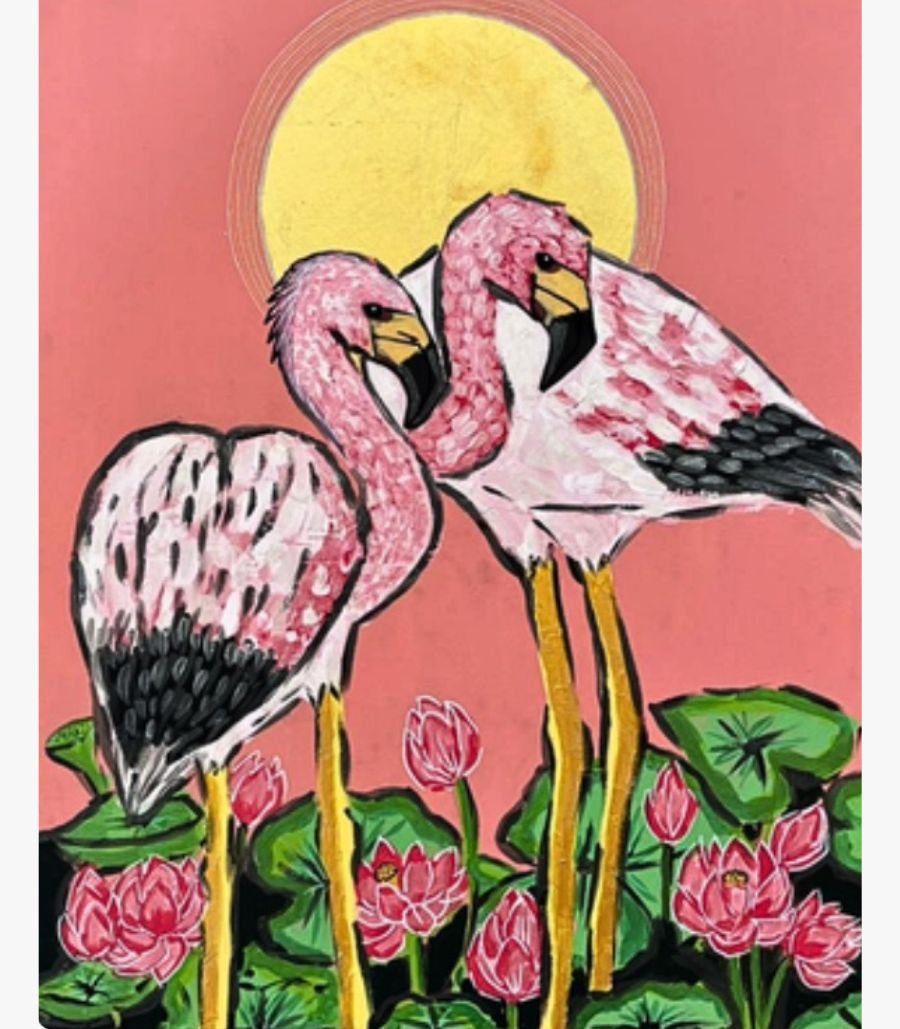 2 Handcrafted mixed media canvas painting of two pink flamingos standing in a lotus pond under a golden full sun by artist Pooja Sharma.