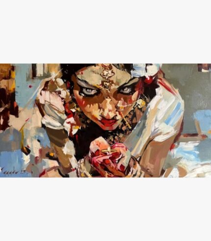 Expressive contemporary oil painting on canvas of an Indian bride in traditional jewelry holding folded hands in devotion by artist Satish Tayade.