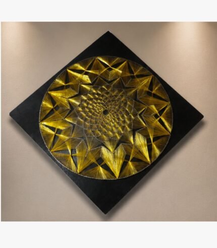Handcrafted circular golden mandala 3D string art mounted diagonally on a black wooden board by Art Impression.