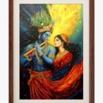Detailed realistic oil painting on canvas of Lord Krishna playing golden flute with Radha under a luminous aura by artist Bhavna Mudhgal.
