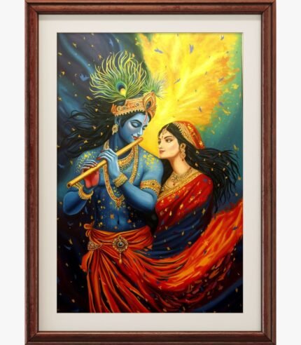 Detailed realistic oil painting on canvas of Lord Krishna playing golden flute with Radha under a luminous aura by artist Bhavna Mudhgal.