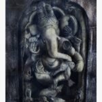 Realistic carved stone sculpture style oil painting on canvas of dancing Lord Ganesha Nritya Ganapati in a temple niche by artist Debopriya.