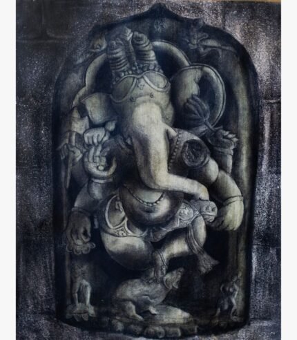 Realistic carved stone sculpture style oil painting on canvas of dancing Lord Ganesha Nritya Ganapati in a temple niche by artist Debopriya.