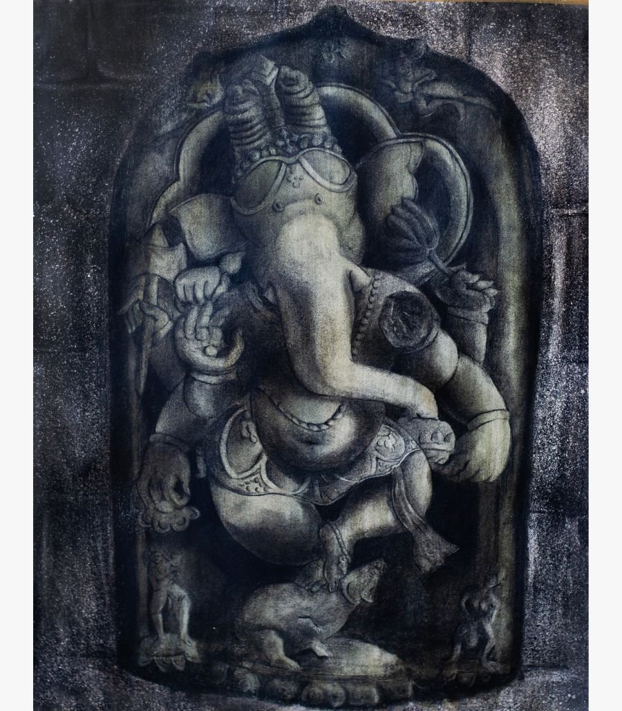 2 Realistic carved stone sculpture style oil painting on canvas of dancing Lord Ganesha Nritya Ganapati in a temple niche by artist Debopriya.