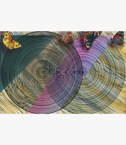 Contemporary geometric abstract acrylic painting on canvas with intersecting line-work circles, color-block diagonal bands, and detailed butterflies by Ghanshyam Gupta.