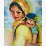 Traditional Indian devotional watercolor painting of Mother Yashoda carrying young Bal Krishna on her back with peacock feather headpiece by Kamalendu Debnath.