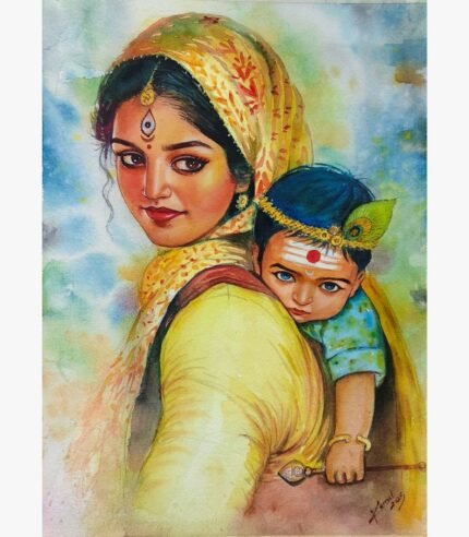 Traditional Indian devotional watercolor painting of Mother Yashoda carrying young Bal Krishna on her back with peacock feather headpiece by Kamalendu Debnath.