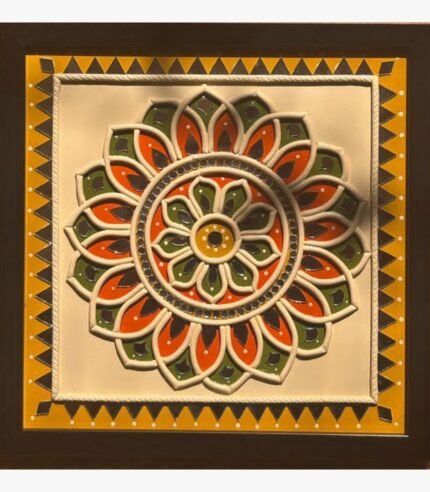 Handcrafted square lotus mandala Lippan art wall panel featuring clay relief work in orange, green, and yellow with glass mirror inlays framed in dark wood by Rucha Desai.