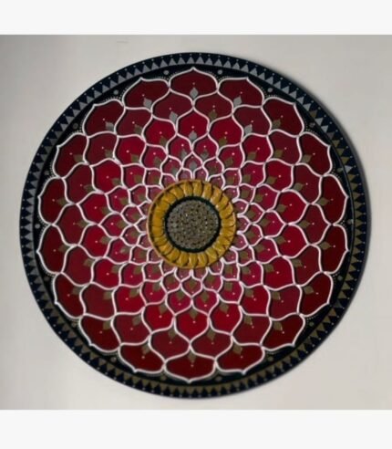 Handcrafted circular crimson lotus mandala Lippan art wall hanging featuring white clay relief work, mustard yellow center, and mirror inlays by Rucha Desai.