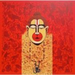 Modern Indian painting of Lord Hanuman with a sacred tilak against a crimson background filled with intricate monkey silhouettes by artist Ramana Peram.
