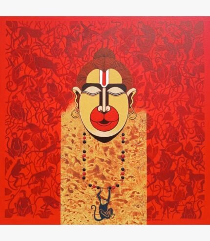 Modern Indian painting of Lord Hanuman with a sacred tilak against a crimson background filled with intricate monkey silhouettes by artist Ramana Peram.