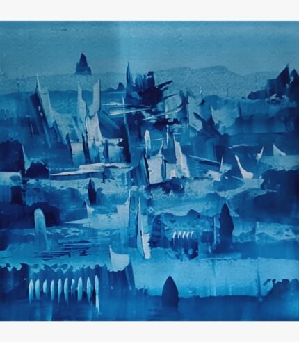 Monochromatic blue abstract acrylic painting on canvas showing sharp geometric architectural forms and ice-like city structures by artist Ashish Karnik.