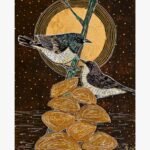Handcrafted mixed media canvas painting of two birds perched on a green stem above gold textured pods under a golden full moon by Pooja Sharma.