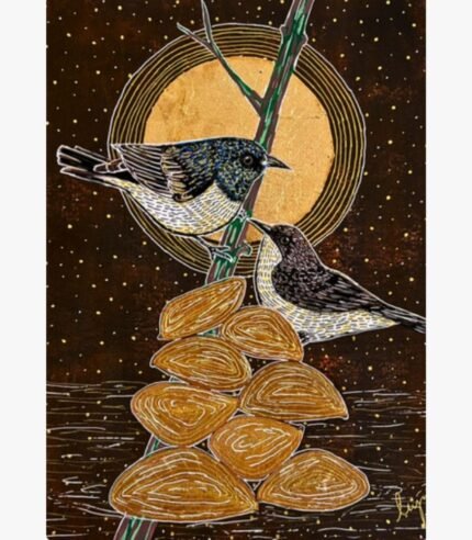 Handcrafted mixed media canvas painting of two birds perched on a green stem above gold textured pods under a golden full moon by Pooja Sharma.