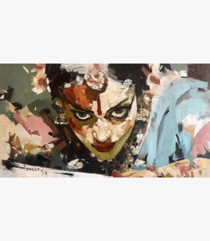 Expressive portrait oil painting on canvas of a traditional Indian woman with intense eyes, floral hair adornments, and bindi by artist Satish Tayade.