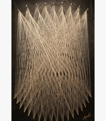 Handcrafted vertical 3D string art featuring dense white thread geometry woven across metallic pins on a dark textured wooden board by Art Impression.