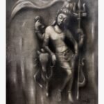 Realistic stone sculpture style oil painting on canvas of Lord Shiva with trident Trishul and Nandi bull by artist Debopriya.