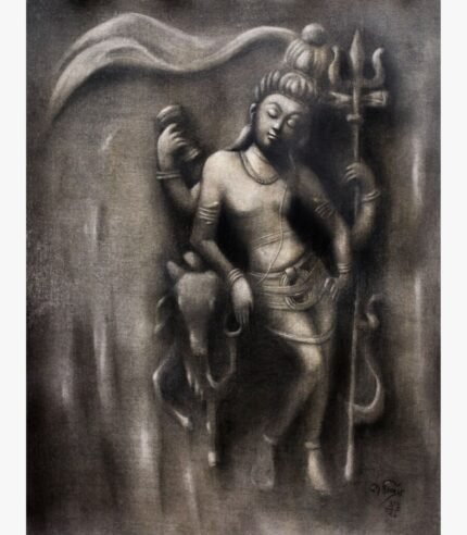 Realistic stone sculpture style oil painting on canvas of Lord Shiva with trident Trishul and Nandi bull by artist Debopriya.
