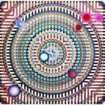 Modern Op Art geometric abstract acrylic painting on canvas with grid patterns, concentric rings, and floating spheres by Ghanshyam Gupta.