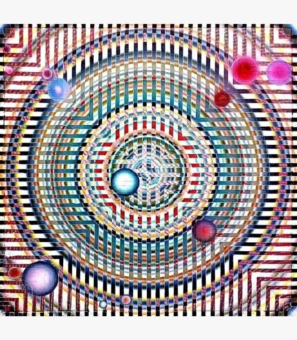 Modern Op Art geometric abstract acrylic painting on canvas with grid patterns, concentric rings, and floating spheres by Ghanshyam Gupta.