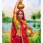Traditional Indian rural figurative watercolor painting of a village woman carrying brass water pots by a river by artist Kamalendu Debnath.