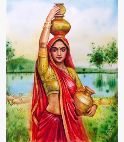 Traditional Indian rural figurative watercolor painting of a village woman carrying brass water pots by a river by artist Kamalendu Debnath.