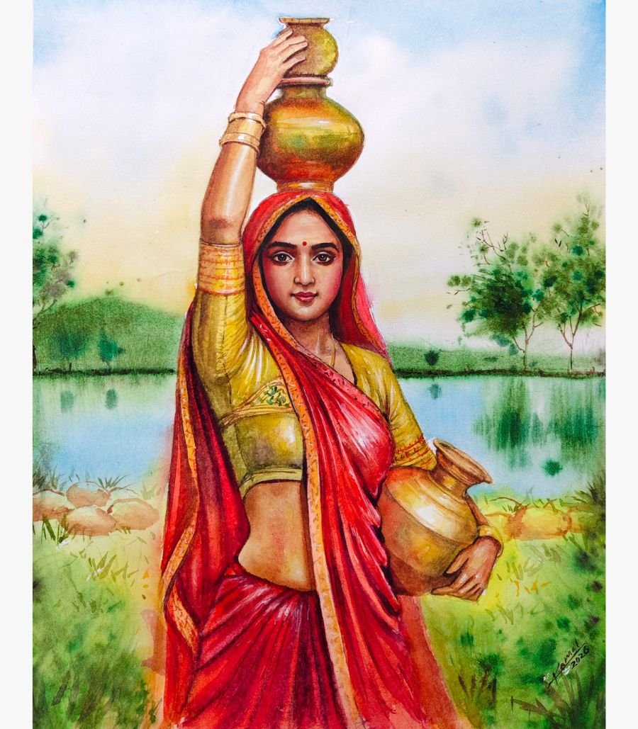 3 Traditional Indian rural figurative watercolor painting of a village woman carrying brass water pots by a river by artist Kamalendu Debnath.