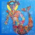 Modern spiritual acrylic painting of Lord Vishnu in Matsya Avatar holding a pink lotus and mace on a vibrant blue lotus background by Ramana Peram.