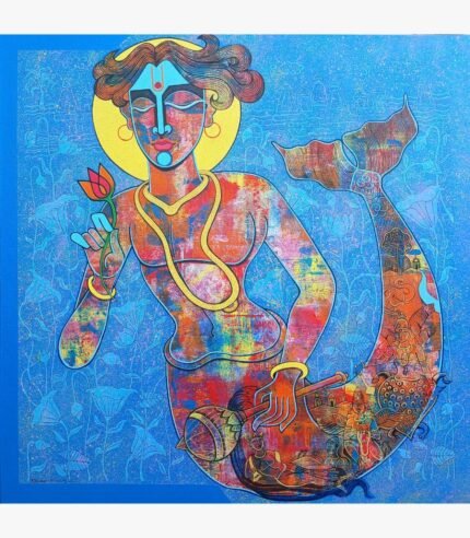 Modern spiritual acrylic painting of Lord Vishnu in Matsya Avatar holding a pink lotus and mace on a vibrant blue lotus background by Ramana Peram.